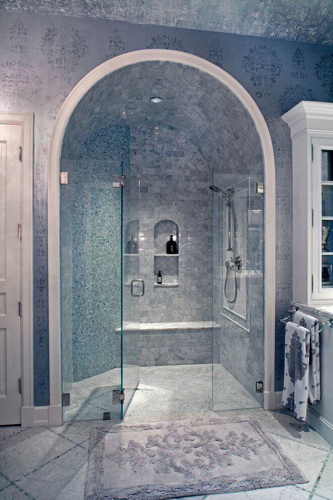 blue marble shower chrome fixtures
