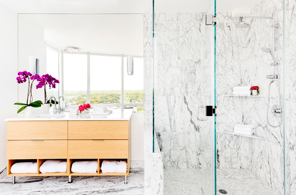 contemporary master bath marble shower light vanity chrome fixtures