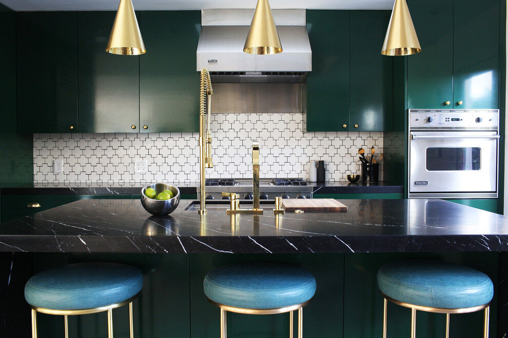 modern emerald kitchen gold fixtures unlacquered brass black grout nero marquina honed marble counter