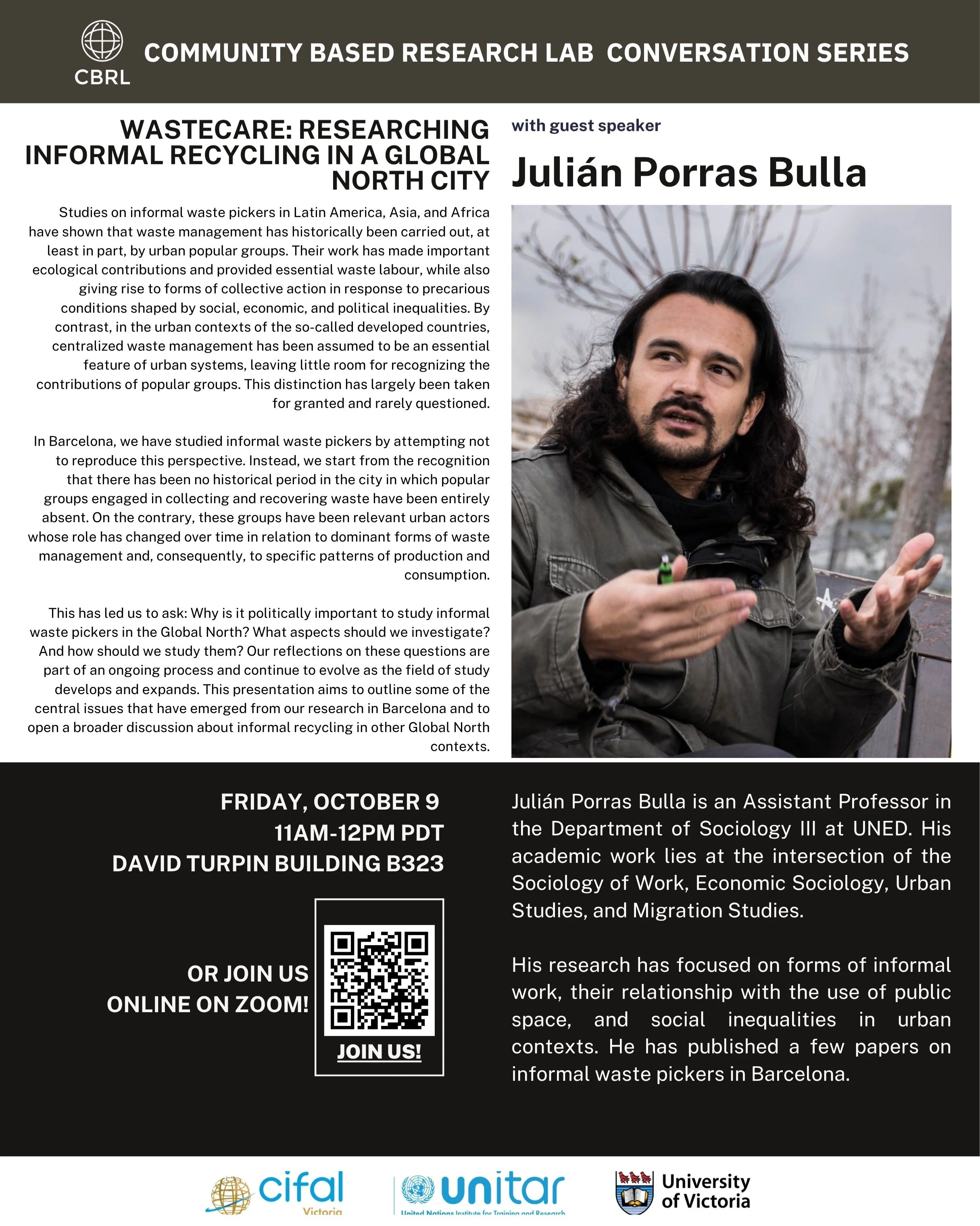 We&rsquo;re excited to welcome Juli&aacute;n Porras Bulla for the next session of the CBRL Conversation Series this Friday!

♻️ "WasteCare: Researching Informal Recycling in a Global North City"
Studies on informal waste pickers in Latin Am
