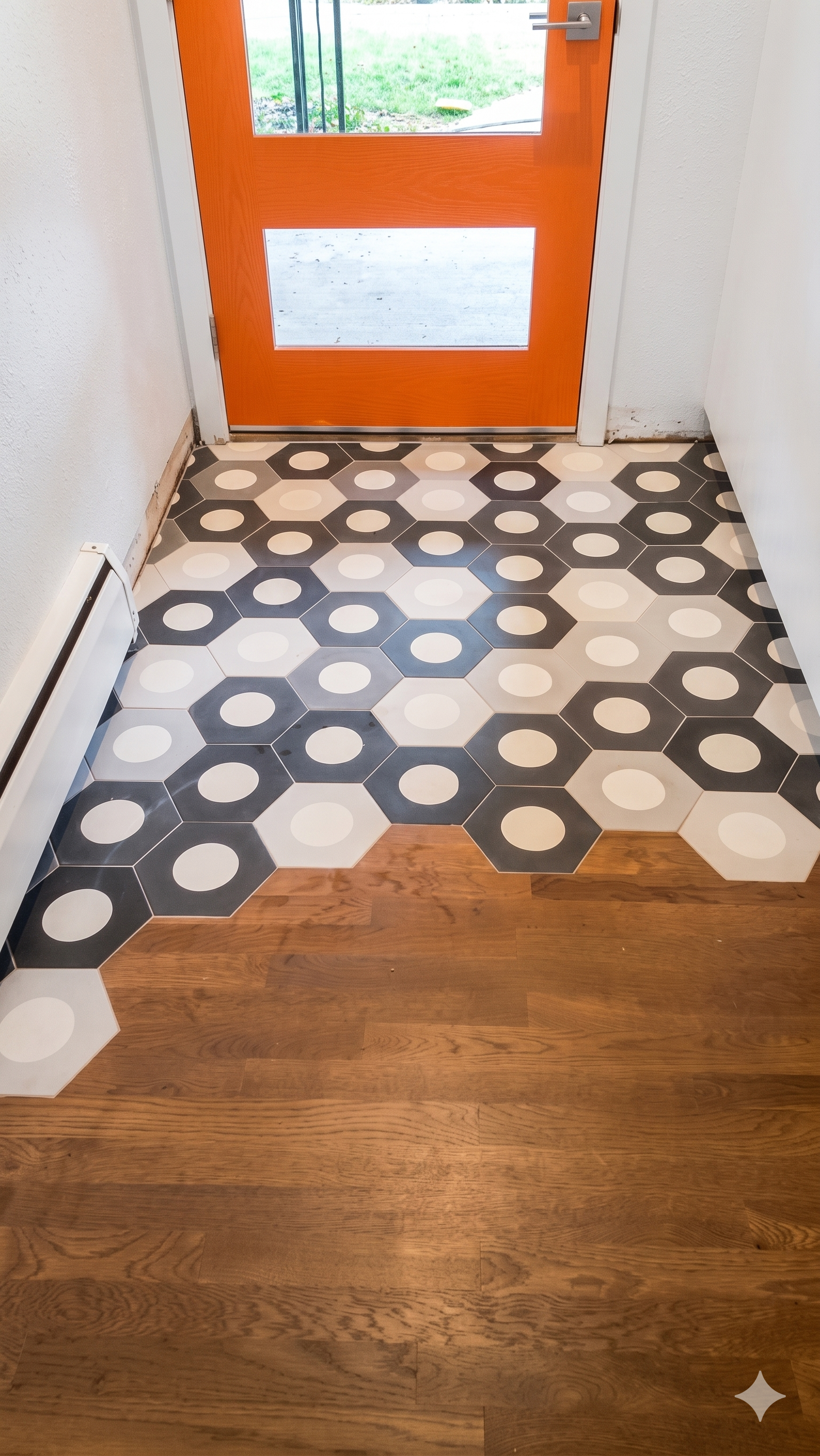 Boulder Valley Hardwood Flooring Project - Entryway with a wooden floor transitioning to patterned tile and a bright orange door with glass panels.