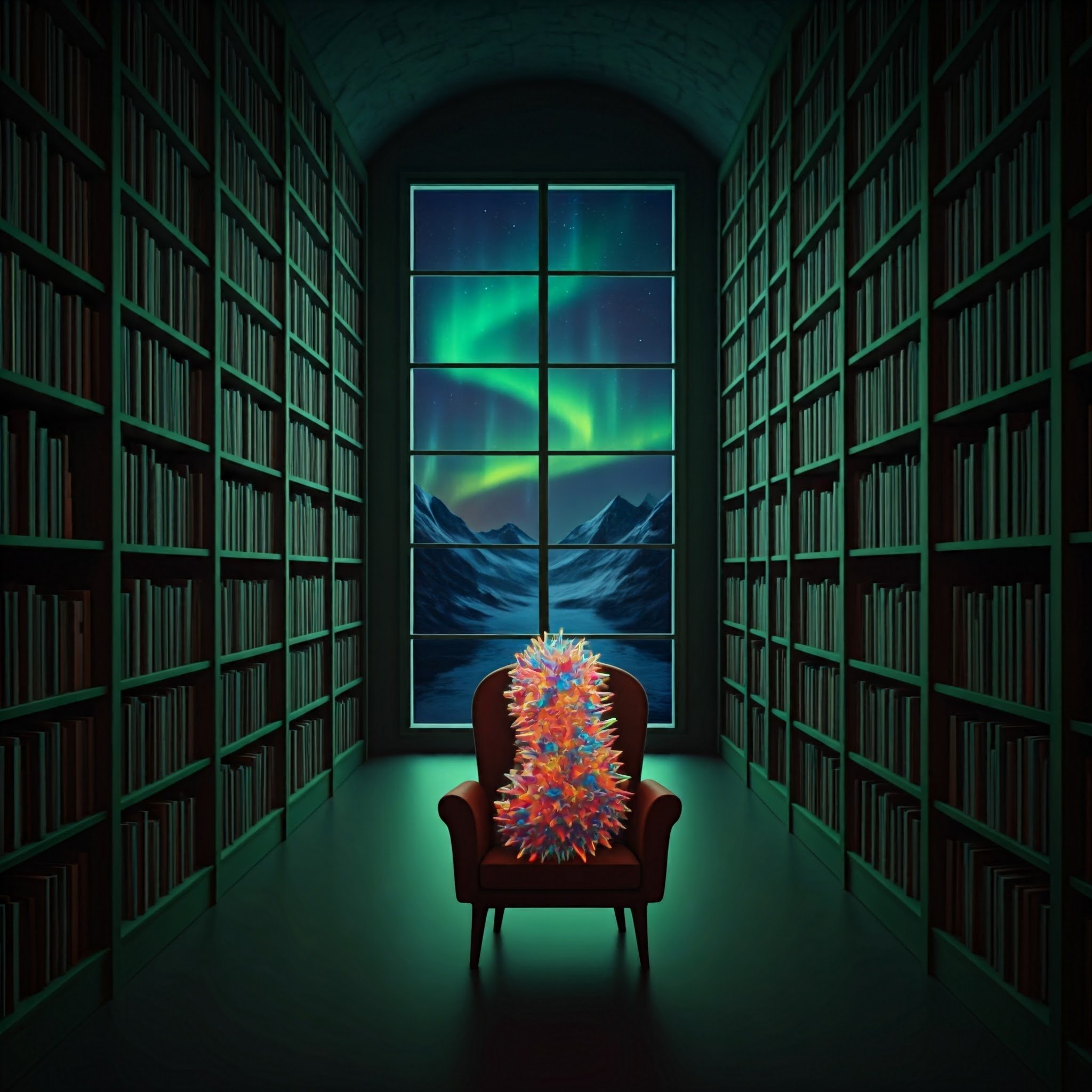 Show me this with more colorful books, and a window with a bright night sky of the northern lights above snowy mountains
