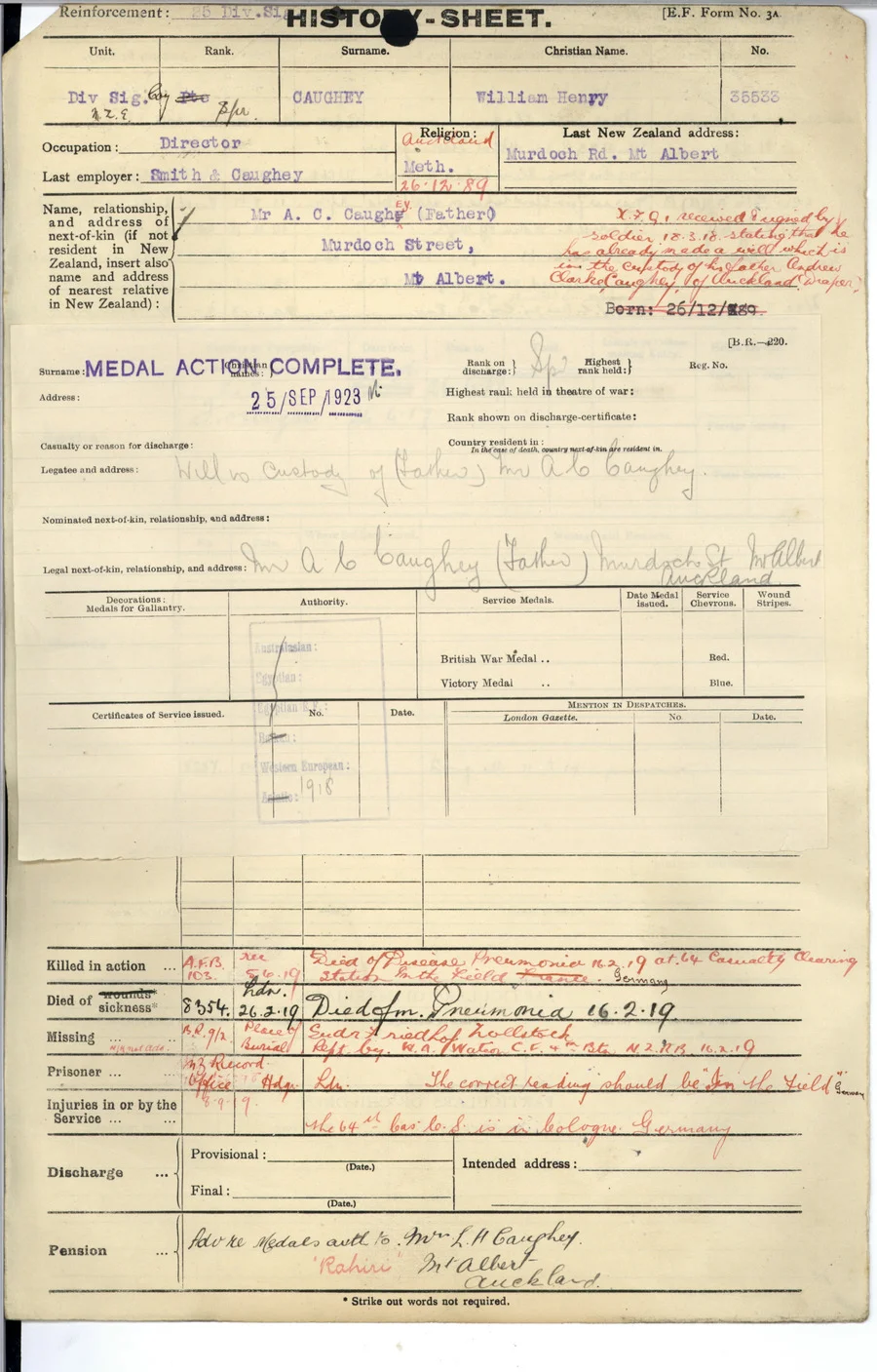 Caughey WH History Sheet