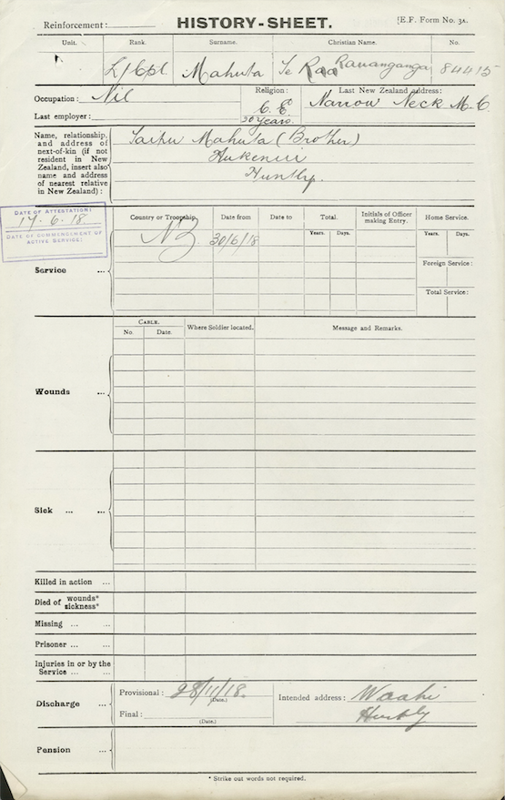 Te Rauangaanga Mahuta History Sheet