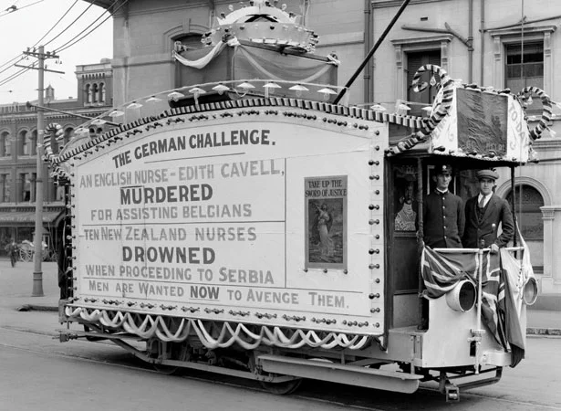 Tram carrying a propaganda message about the Marquette sinking