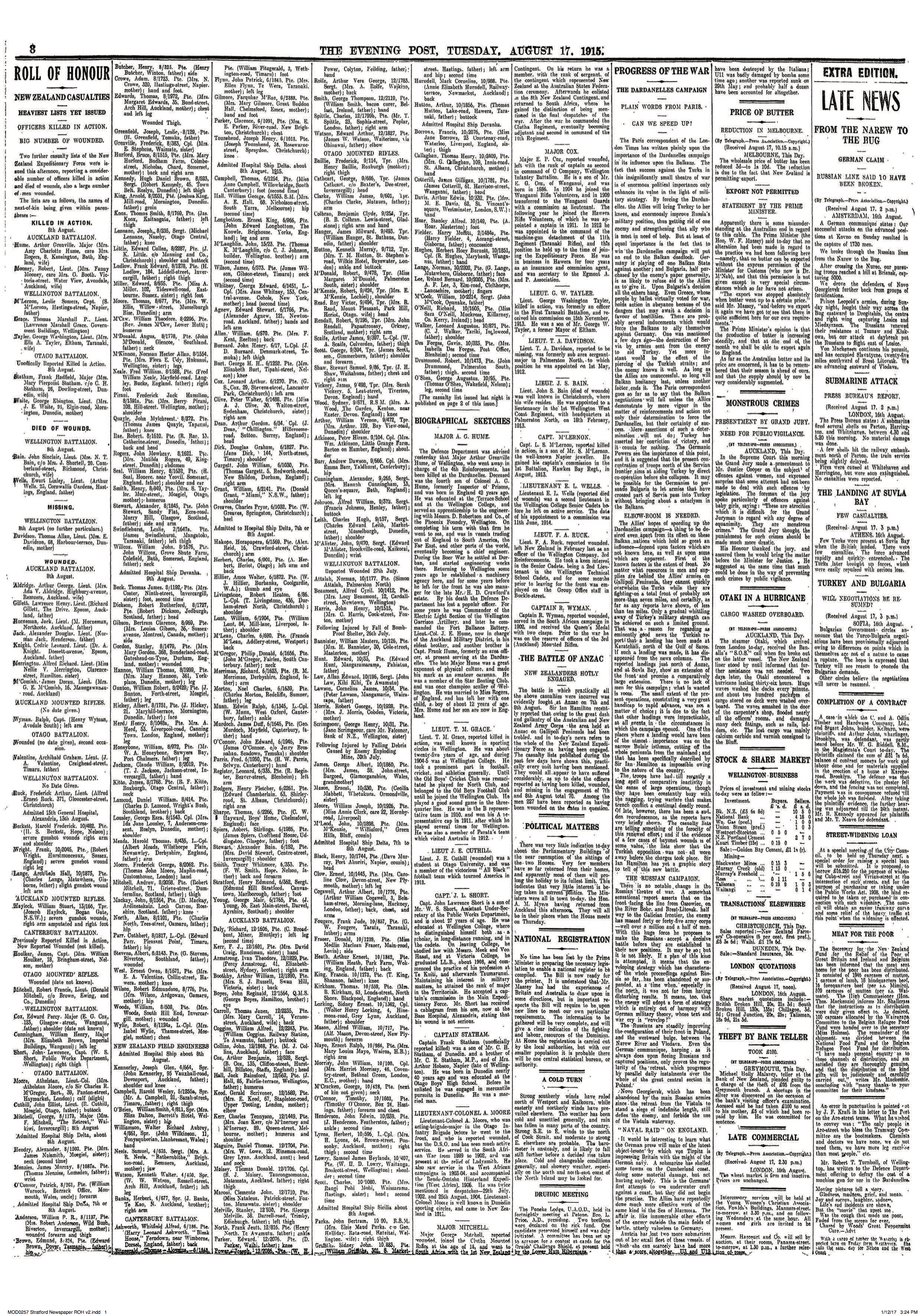 Roll of Honour 17 Aug 1915