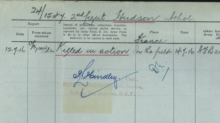 Casualty Form of Athol Hudson