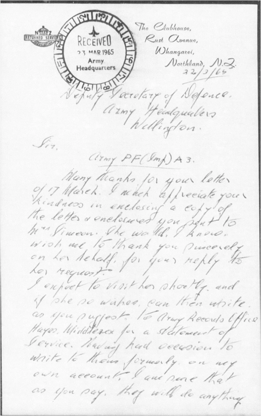 Letter written to the deputy secretary of defence