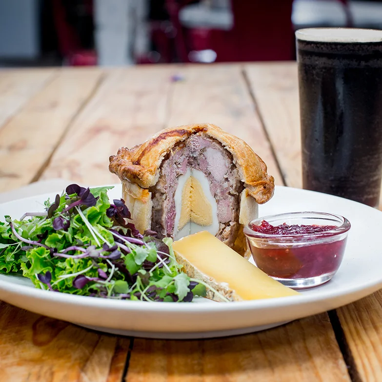 HYDRANT FOOD HALL - BERKSHIRE PORK & EGG PIE Traditional Pork Pie filled with Millbrook Berkshire Pork and Stonehaven Smoked Egg. Served with house made plum chutney, Goldfields Farmhouse “St George” cheese and a green leaf salad. BEER MATCH: Athletic Club Brewery Pale Ale Price: $20 or $26 with beer Gluten Free: No Where: Hydrant Food Hall, 3 McKenzie St, Ballarat