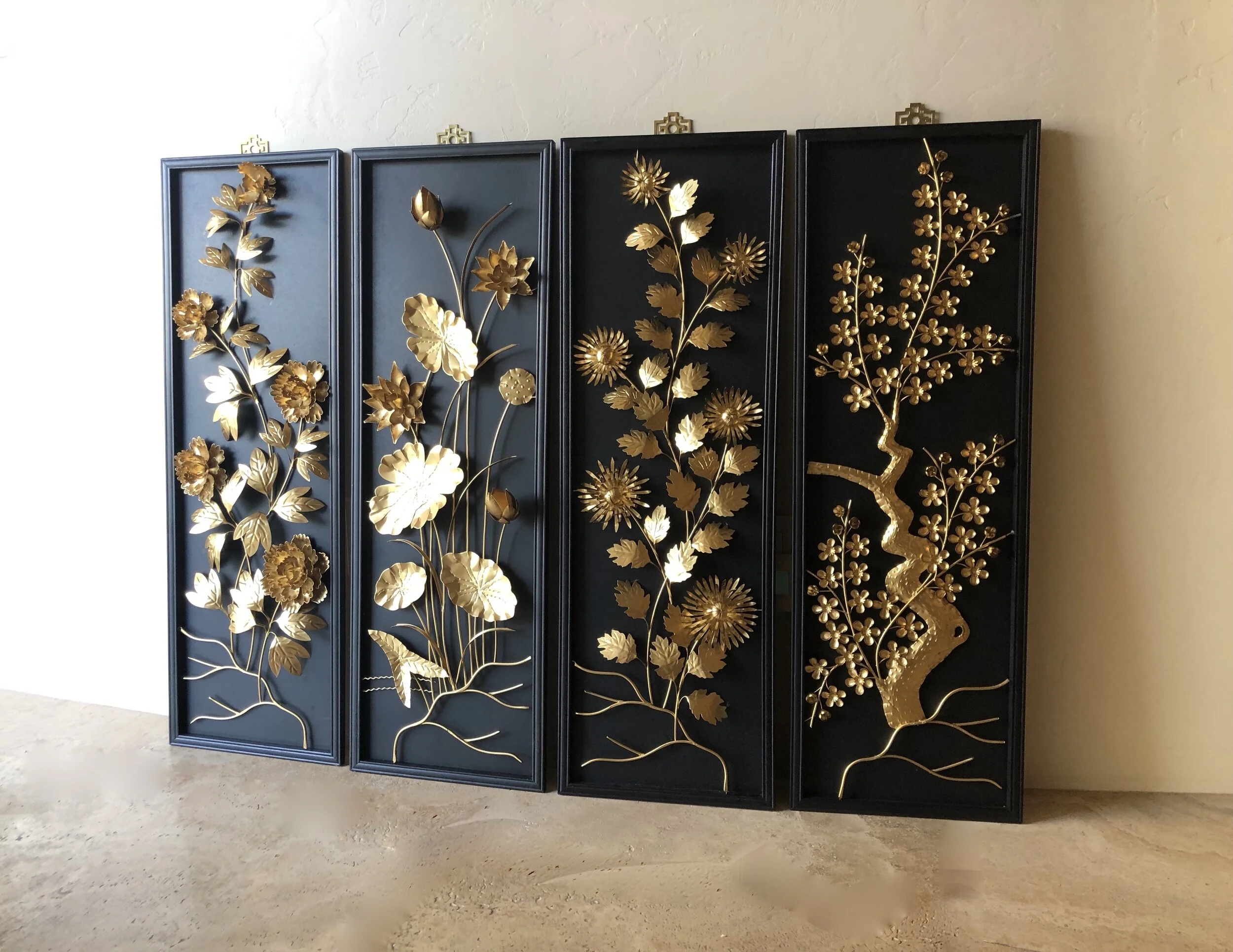 Vintage Asian Metalware Floral Wall Art