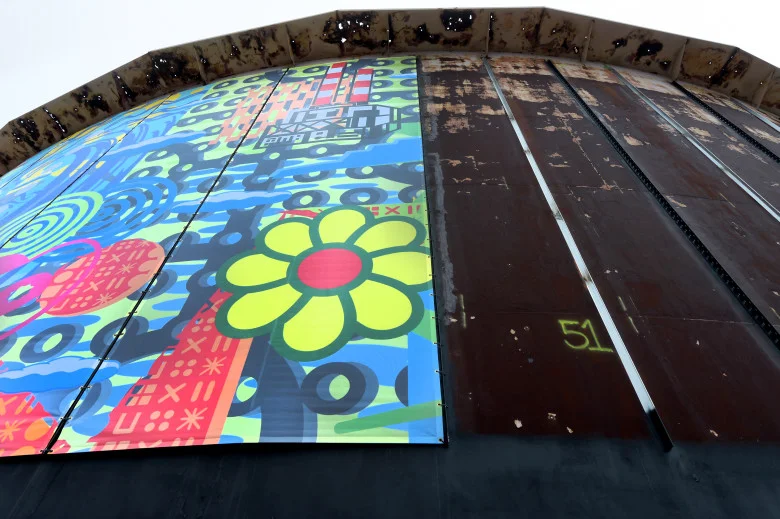 Graphic and visual artist John Van Hamersveld, project site of the 510-foot round mural installation on Tuesday, April 24,2018 in El Segundo. The mural marks the completion of the Los Angeles Department of Water and Power�s (LADWP) Scattergood tank renewal project. This art mural is comprised of 51 individual panels that are10-foot by 32-foot each. (Photo by Dean Musgrove, Los Angeles Daily News/SCNG)