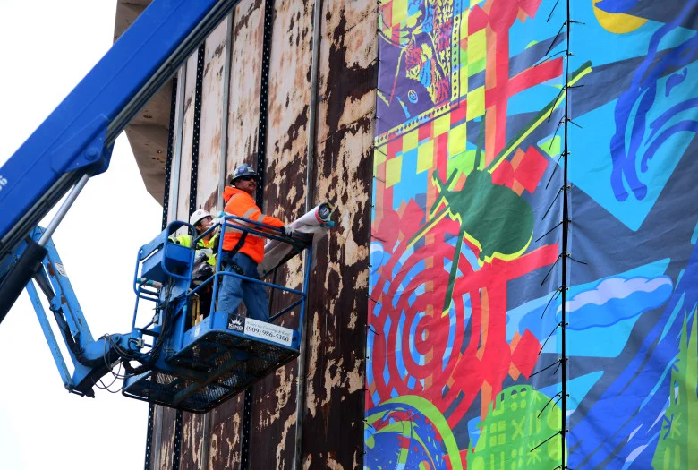 Graphic and visual artist John Van Hamersveld, project site of the 510-foot round mural installation on Tuesday, April 24,2018 in El Segundo. The mural marks the completion of the Los Angeles Department of Water and Power�s (LADWP) Scattergood tank renewal project. This art mural is comprised of 51 individual panels that are10-foot by 32-foot each. (Photo by Dean Musgrove, Los Angeles Daily News/SCNG)