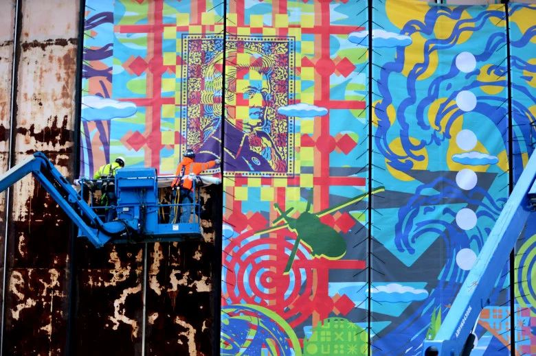 Graphic and visual artist John Van Hamersveld, project site of the 510-foot round mural installation on Tuesday, April 24,2018 in El Segundo. The mural marks the completion of the Los Angeles Department of Water and Power�s (LADWP) Scattergood tank renewal project. This art mural is comprised of 51 individual panels that are10-foot by 32-foot each. (Photo by Dean Musgrove, Los Angeles Daily News/SCNG)