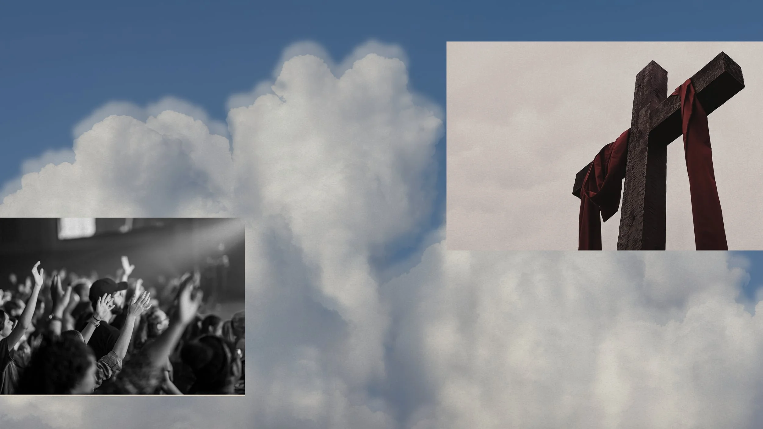 A wooden cross draped with cloth and a crowd raising hands, both set against a sky with clouds.