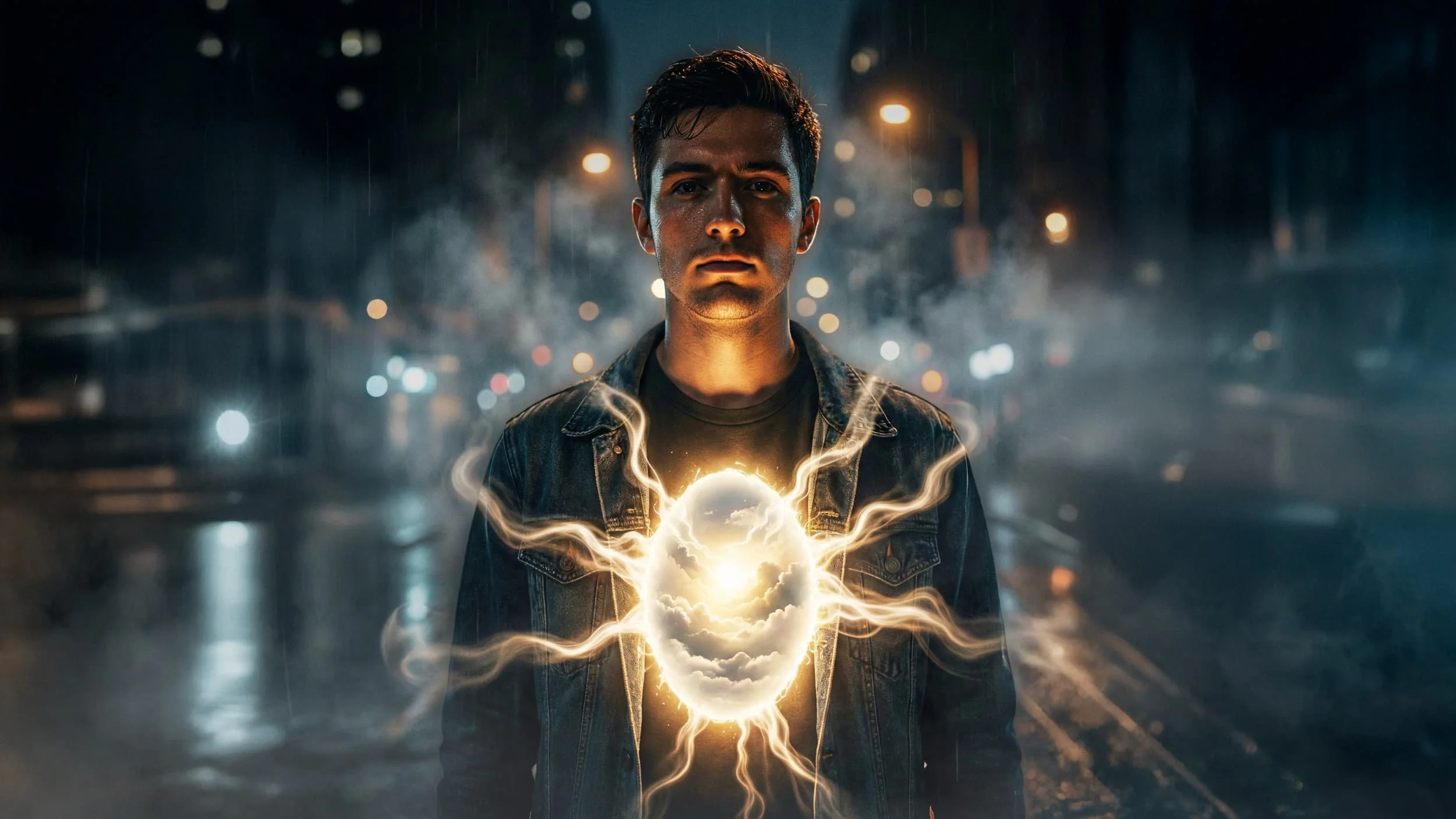 A man stands in a rainy city at night with glowing energy and lightning radiating from his chest.
