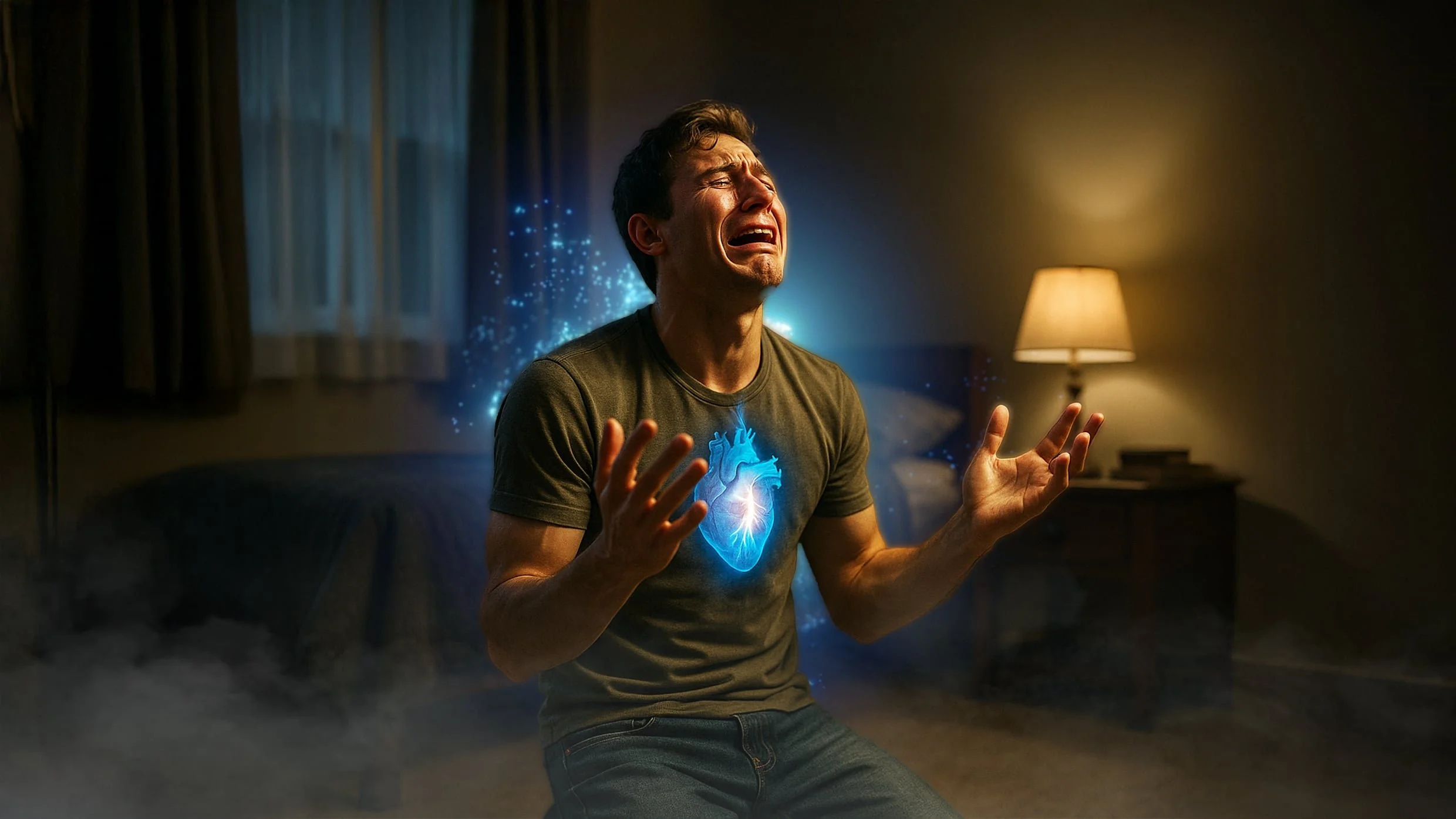 A man kneels in a dim room, crying with glowing blue light and heart symbol radiating from his chest.