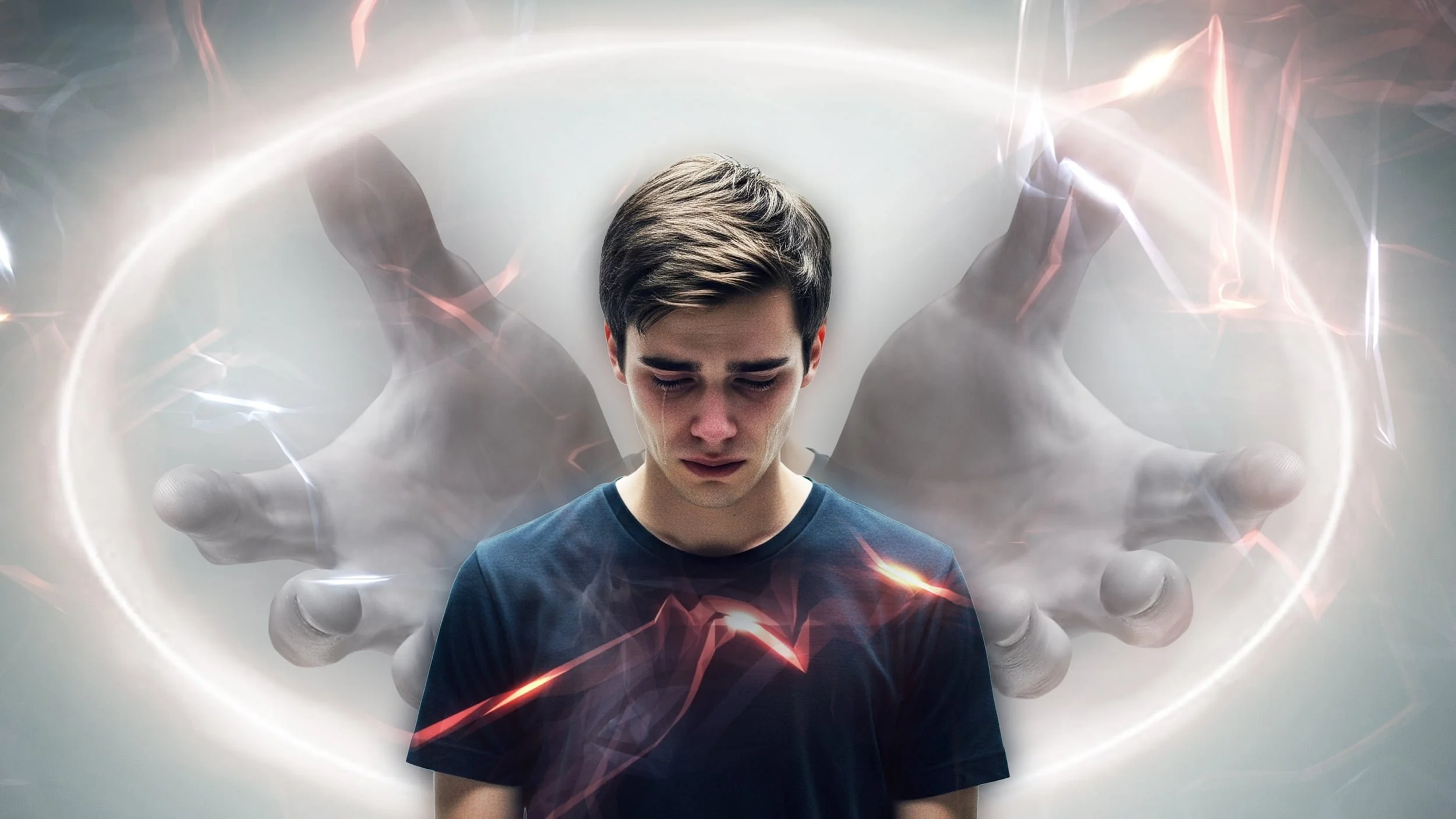 A sad young man stands with his head down, surrounded by hands and a glowing circular aura behind him.