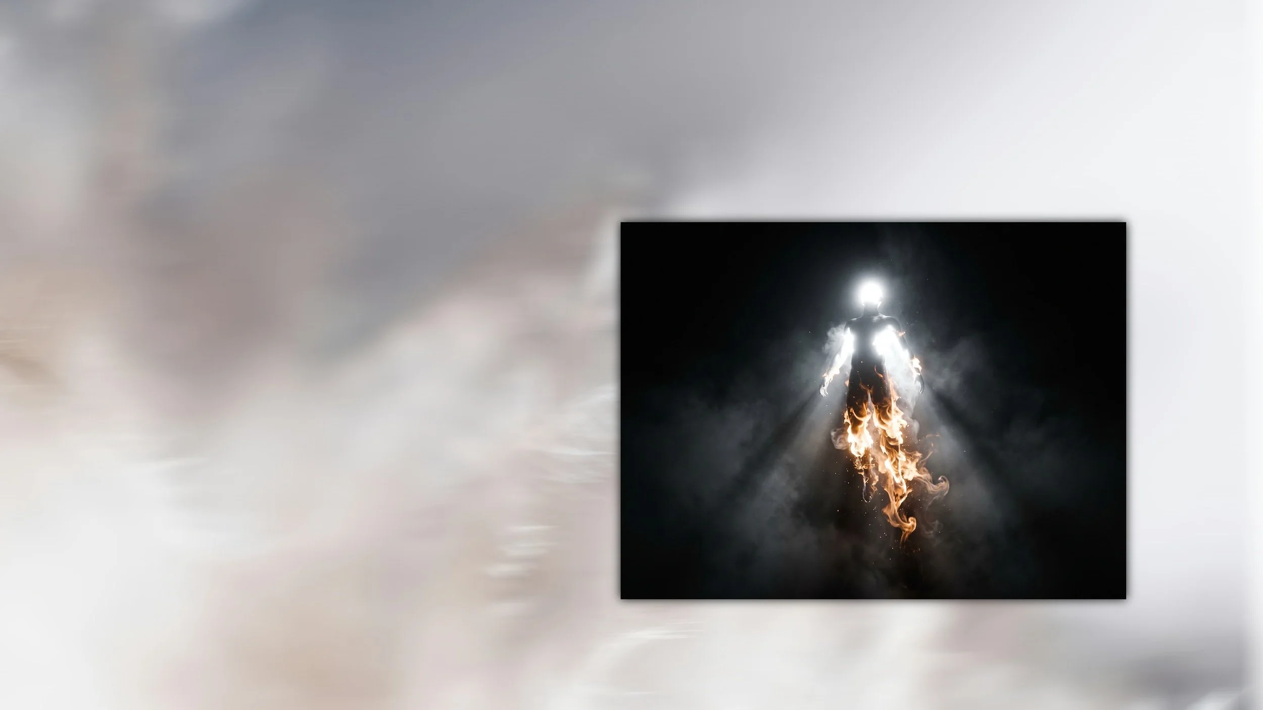 Silhouette of a person flying upward with smoke and flames below, surrounded by a glowing white light against a dark background.