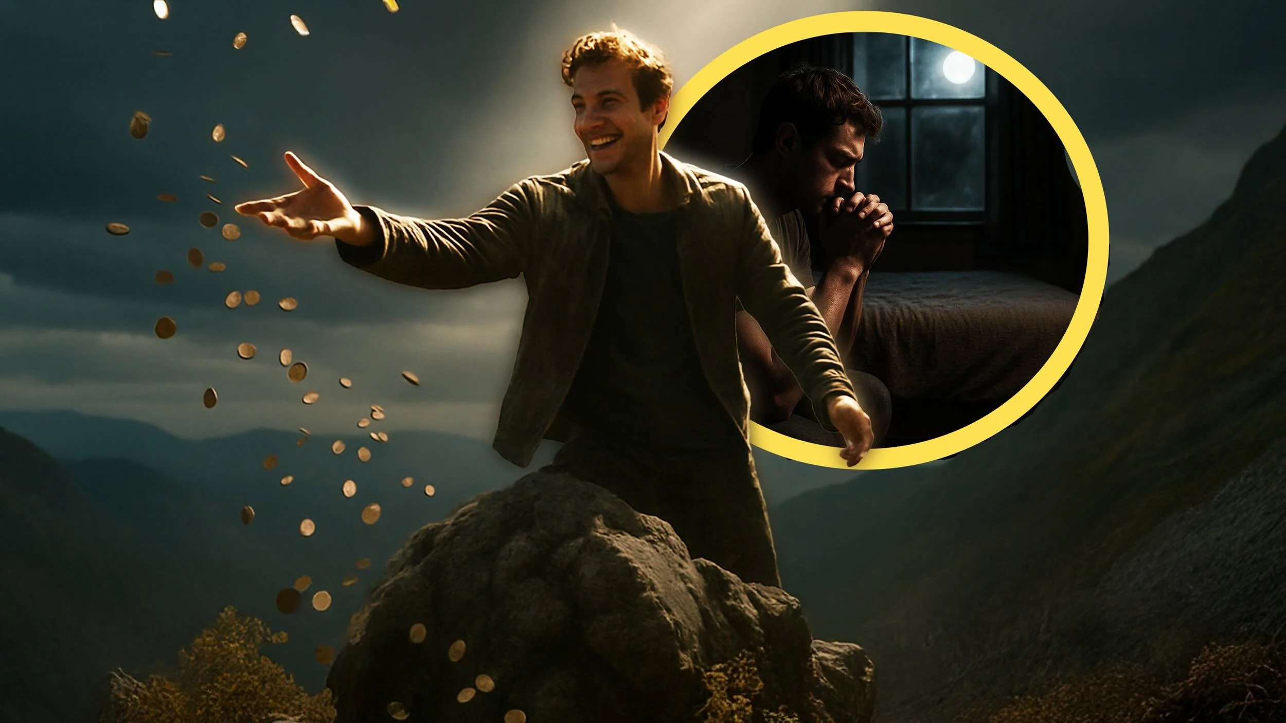 A man joyfully tosses coins from a rock, while another prays by a window at night inside a yellow circle overlay.