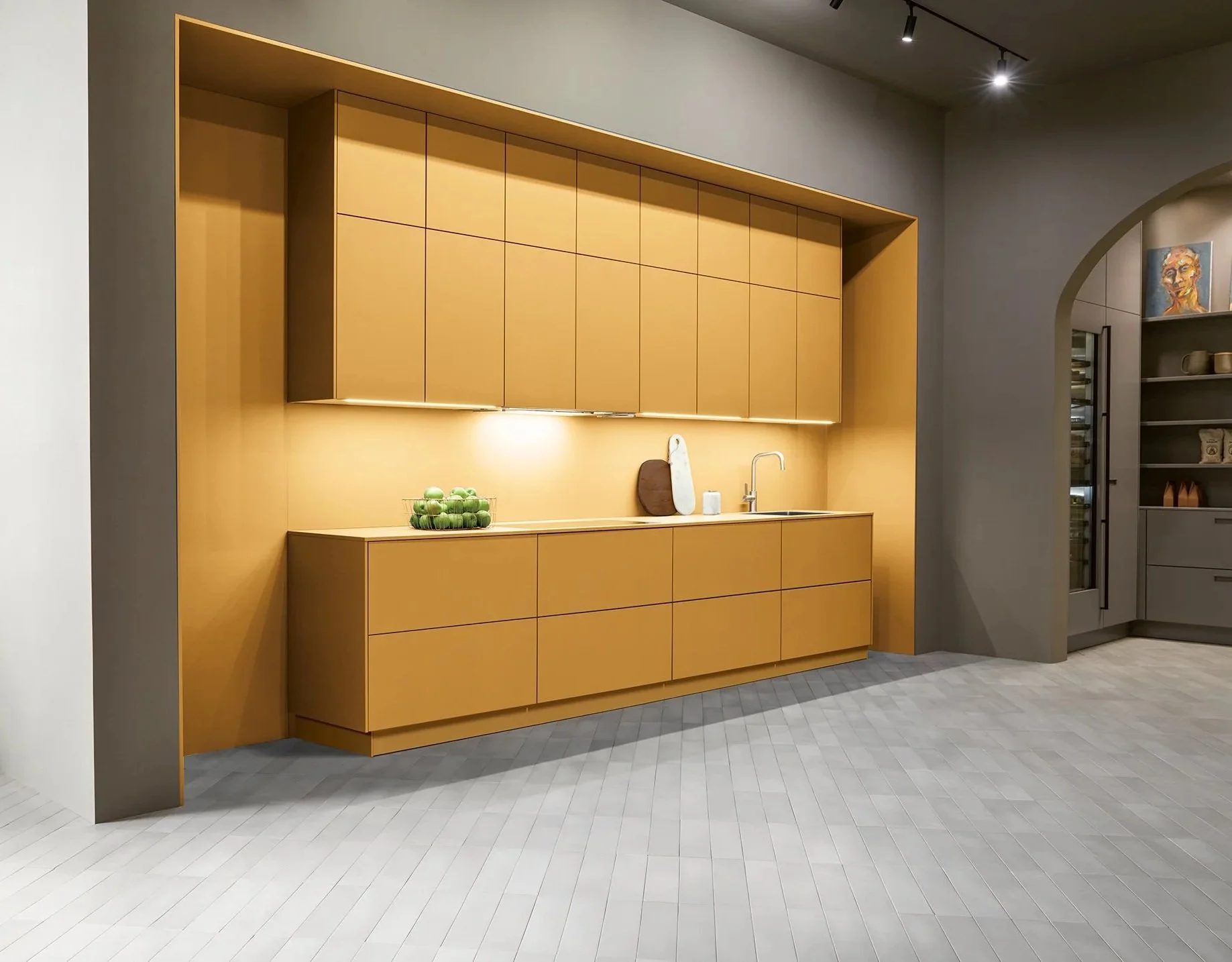 Wall hung next125 kitchen cabinets in Tuscany yellow matt velvet lacquer available in Norwich from Atlantic Kitchens