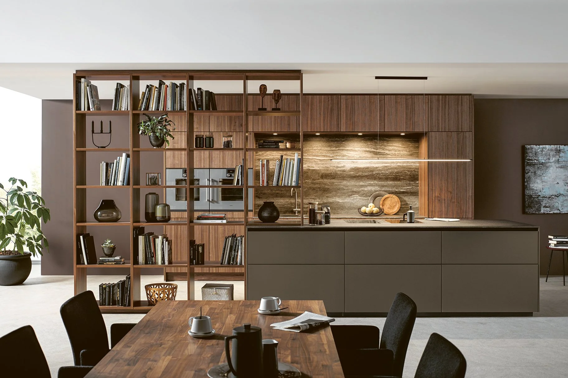 next125 kitchen in matt glass finish with contemporary walnut open shelving bookshelf full height marble splashback