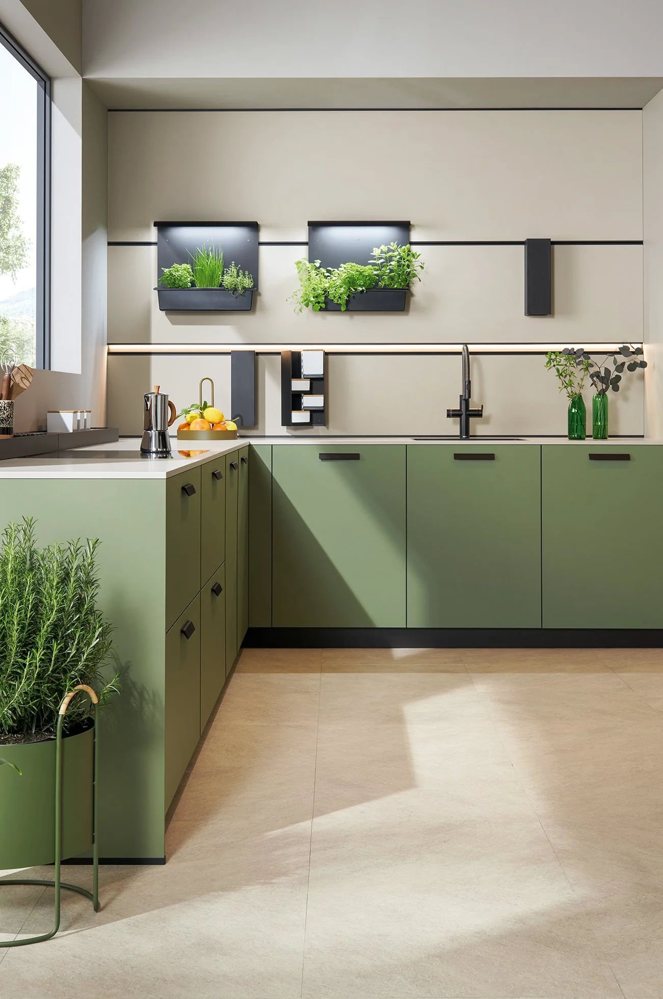 L-shaped modern next125 Linoleum green kitchen cabinetry, available from Atlantic in Norfolk