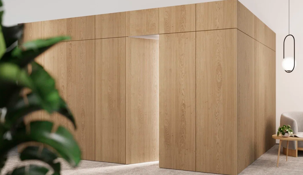LEICHT tall kitchen cabinetry incorporating a concealed walk-through door to an adjoining room