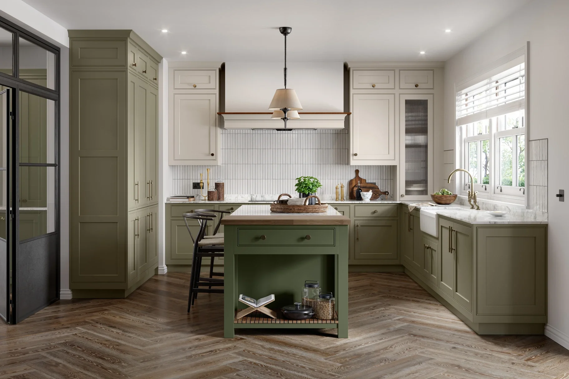 Traditional In-frame kitchen with olive green cabinets, a marble countertop, and a central green island. The kitchen includes large windows with white blinds, a farmhouse sink, and various decorative items. Wooden flooring completes the space.