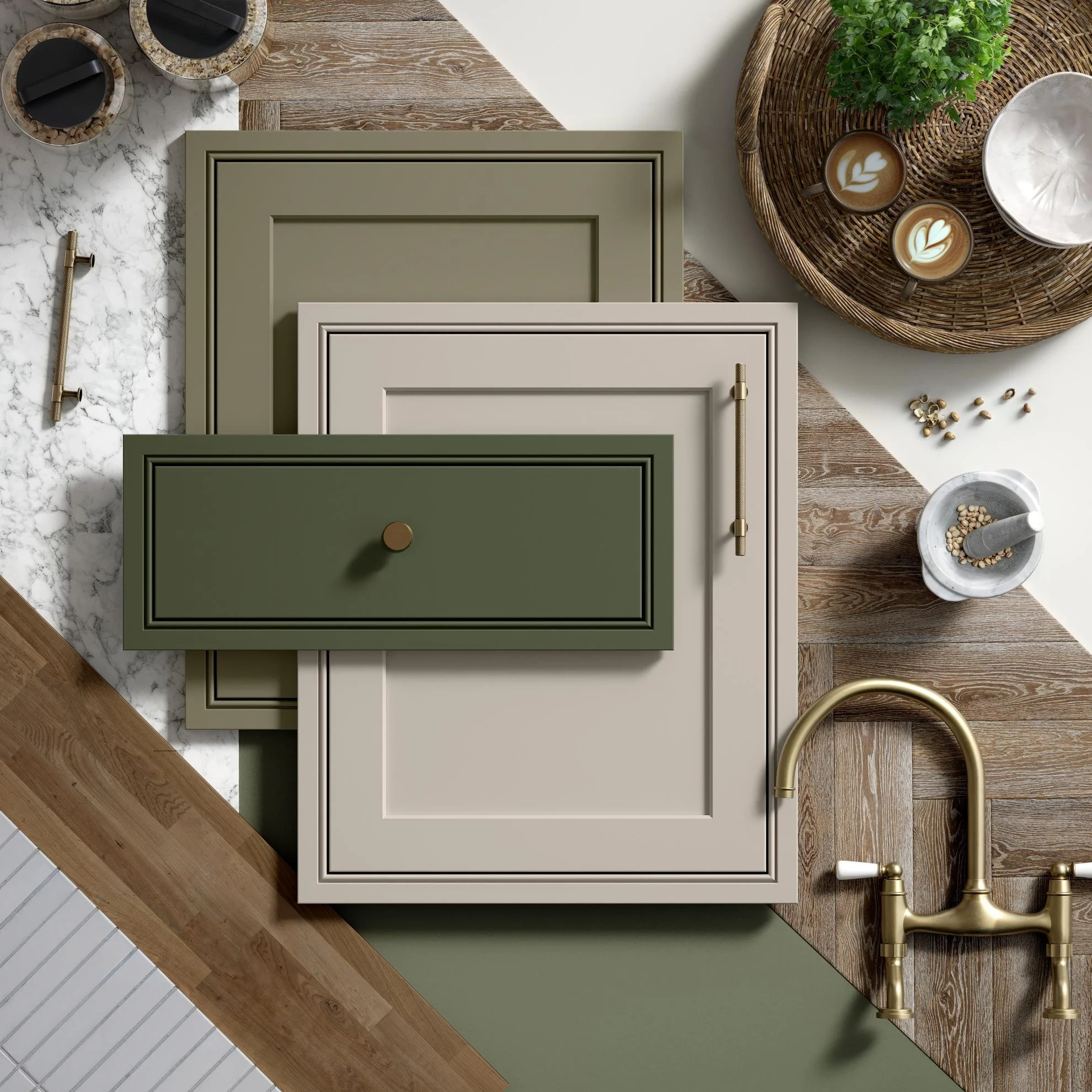 Sample mood board of door designs in shades of green and beige on a wooden surface with a brass faucet, marble, and wood textures, and cups of coffee with latte art, a plant, and scattered seeds.