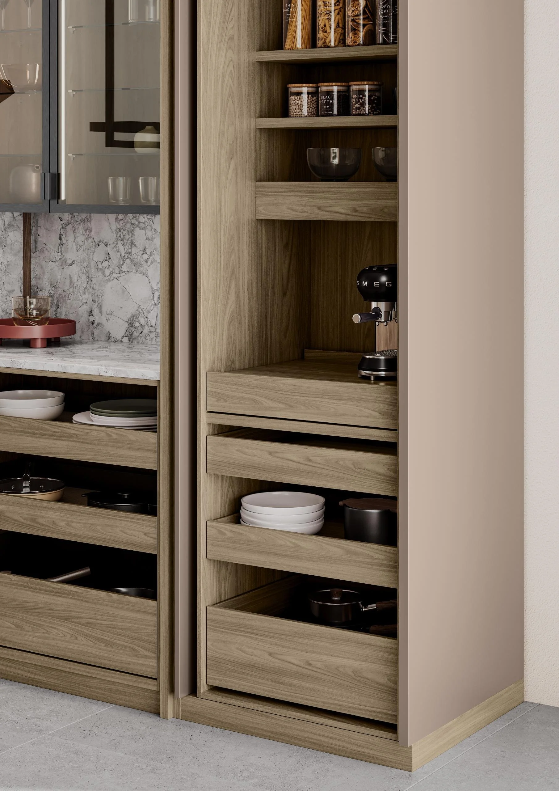 LEICHT slide-away pantry cabinet with internal shelving, work surface and integrated lighting