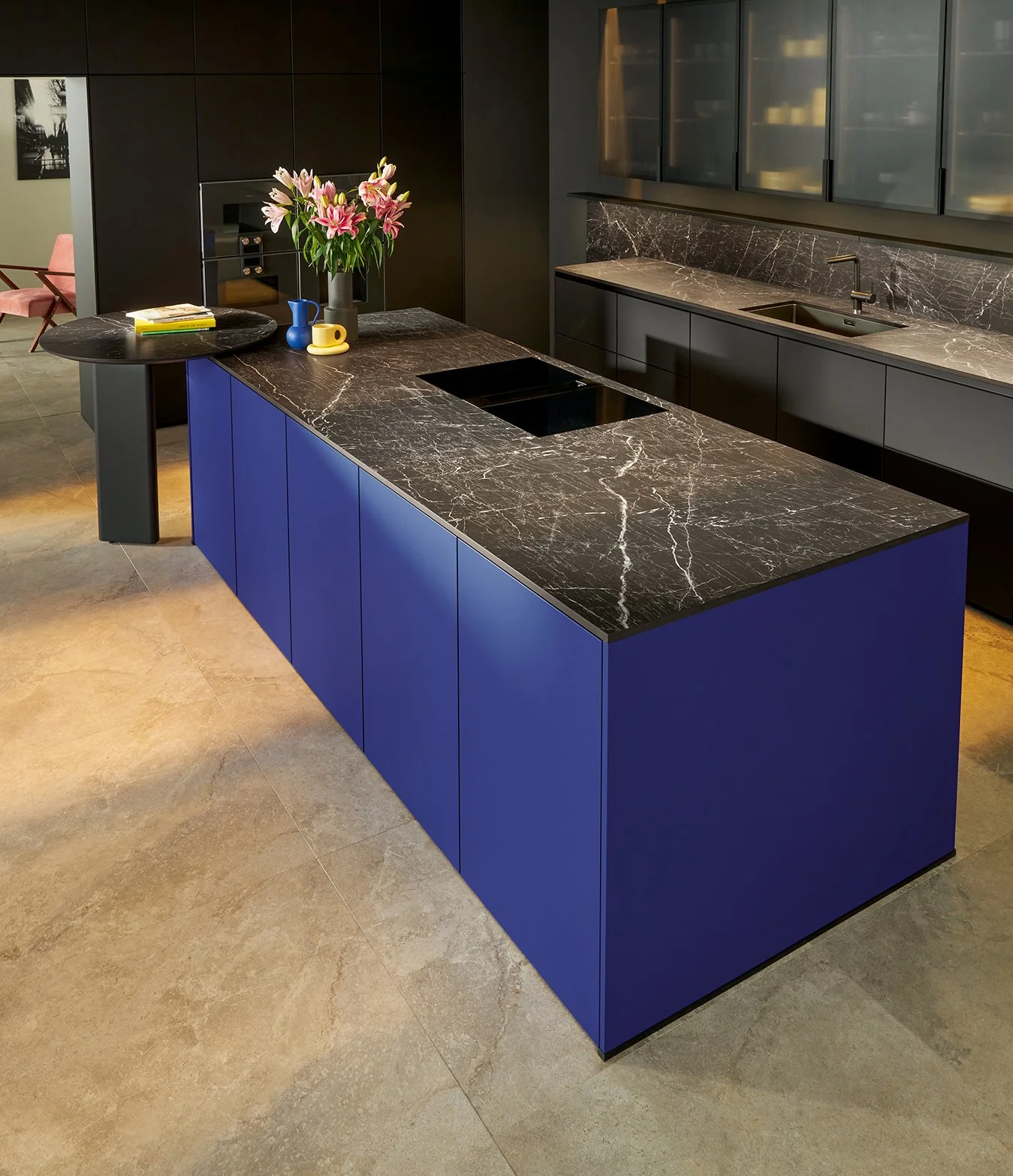 Modern German next125 premium kitchen, ultramarine blue island and nero ceramic worktops