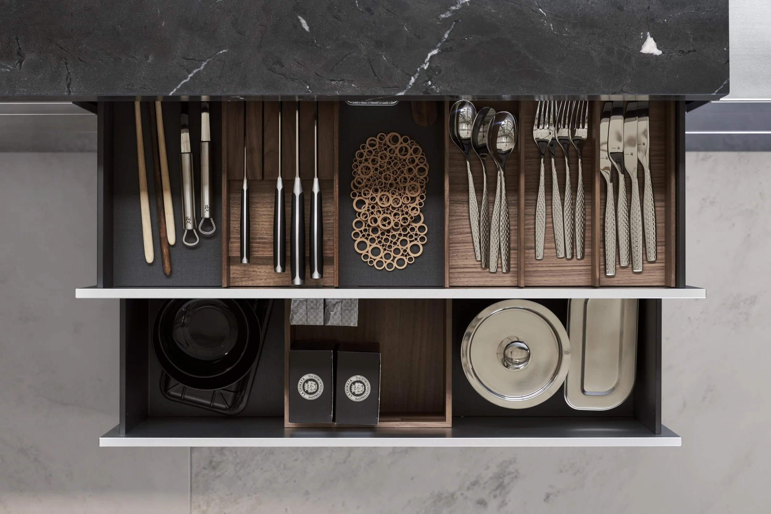 LEICHT kitchen drawer fitted with organised internal storage compartments