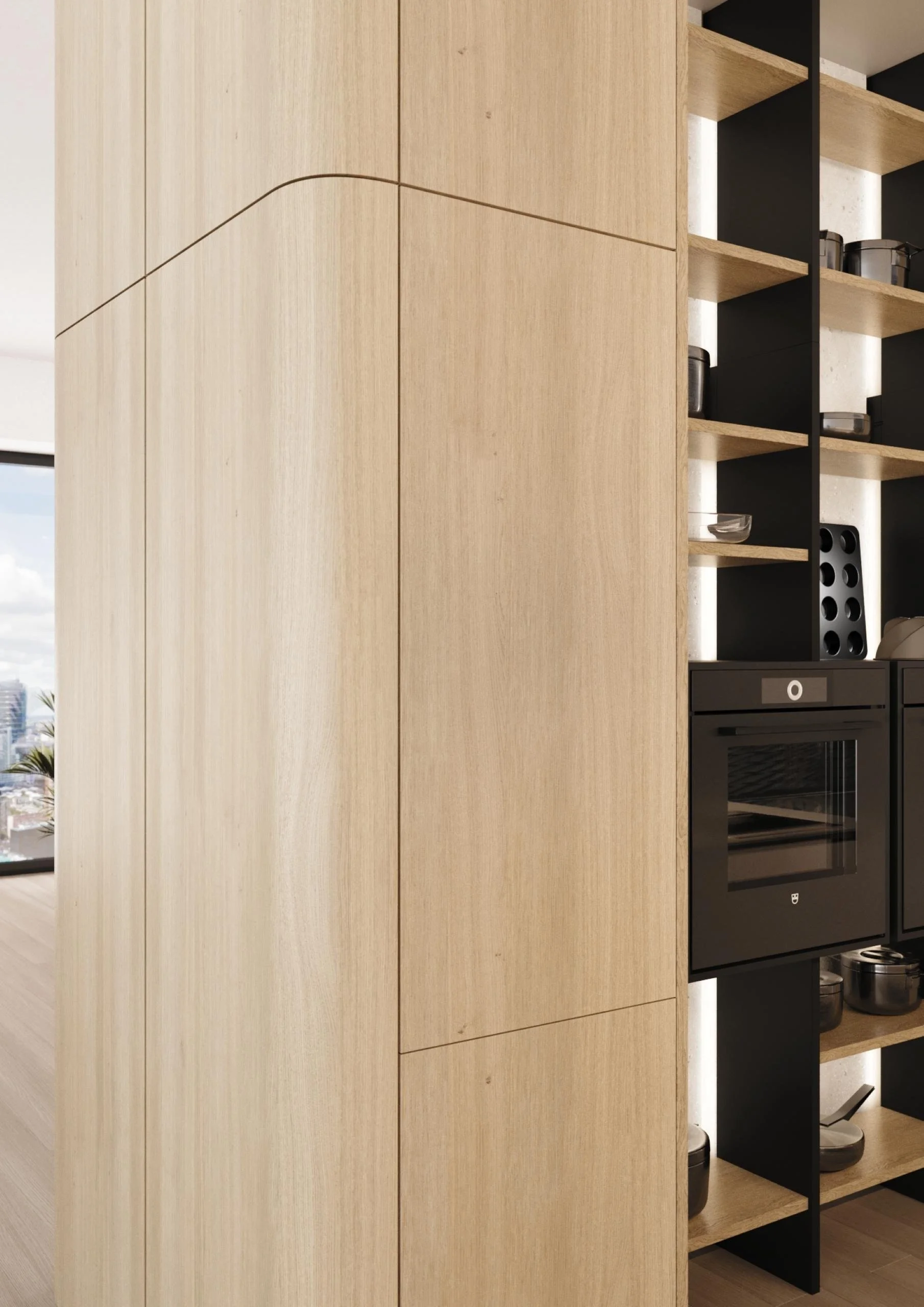LEICHT book matched veneered kitchen doors with consistent grain detail matching across multiple doors