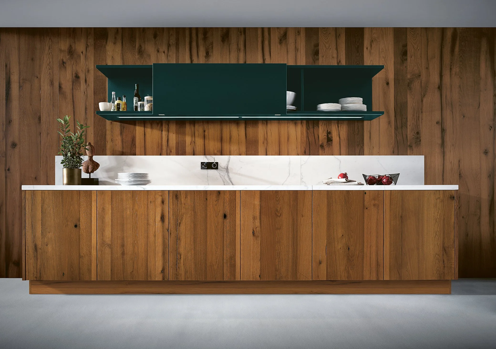 next125 old oak real wooden cabinets featuring jaguar green upper cabinets available from Atlantic in Norwich