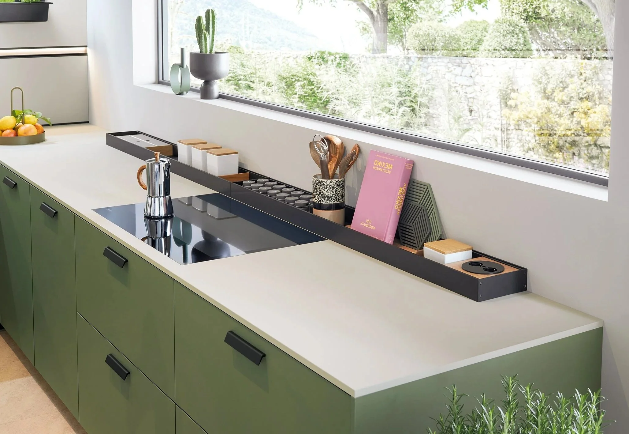next125 Linoleum Green matt slab kitchens with black horizontal handles are available at Atlantic
