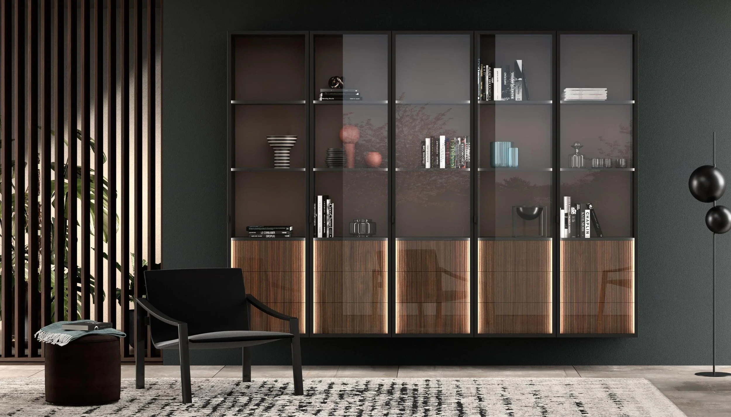 LEICHT illuminated glass display cabinetry designed as a home bar and drinks storage area