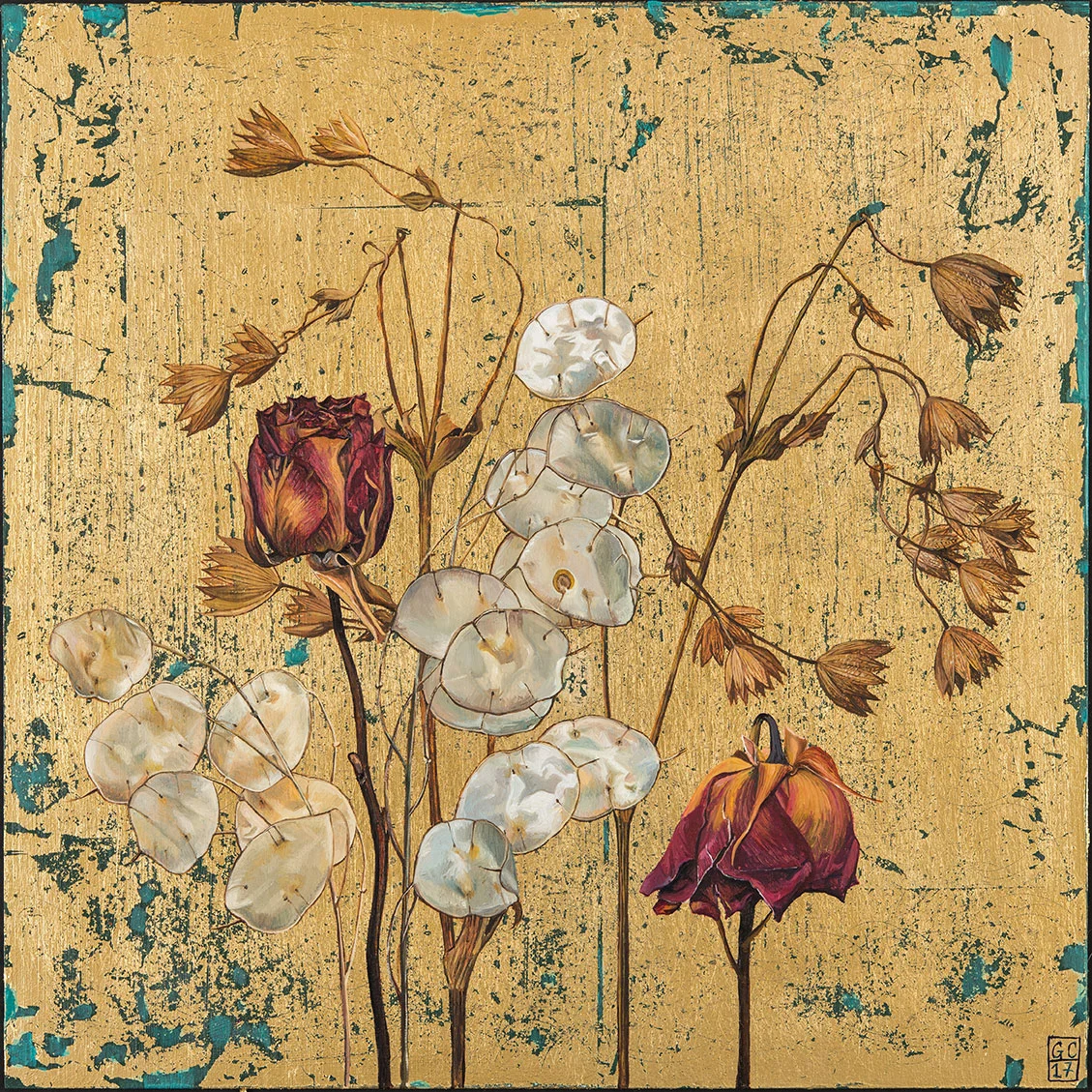 'Rose and Honesty', Oil and Metal leaf on Board, 30.5cm x30.5cm, 2017 SOLD