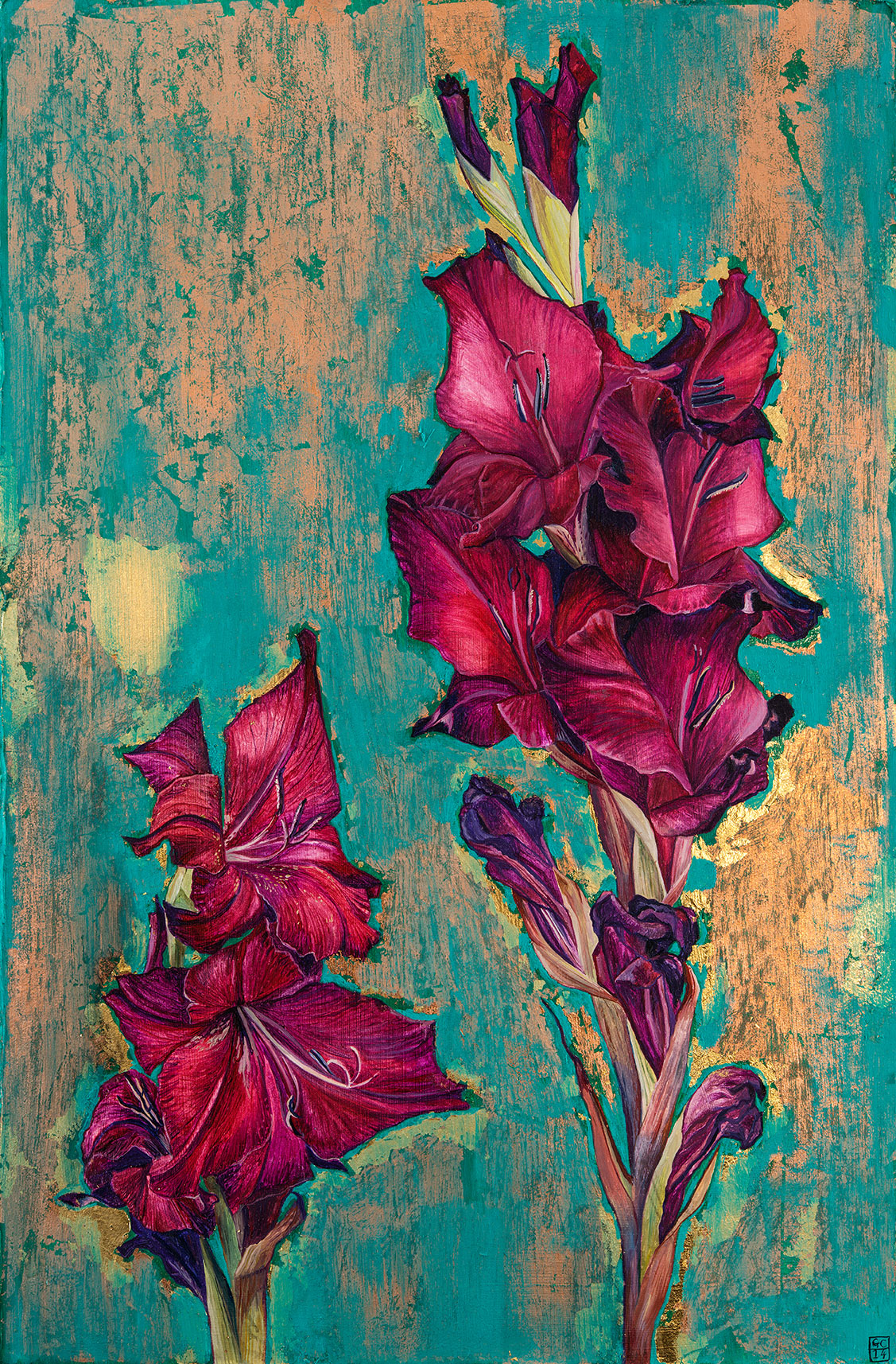 'Gladioli', Oil and Metal Leaf on Card, 37.5cm x 25cm, 2015. SOLD