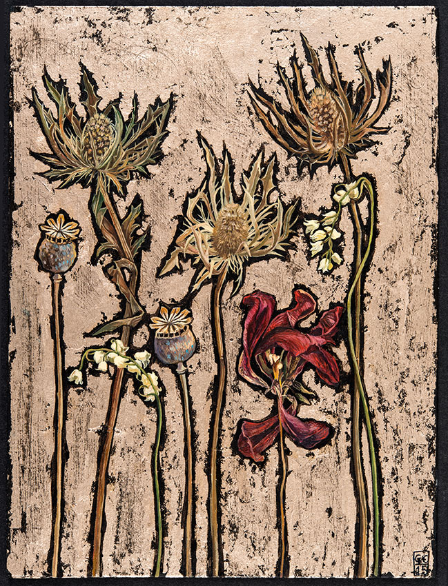 'Thistles and Tulip' , Champagne Gold Leaf and Oil on Card, 25cm x19cm 2015 SOLD