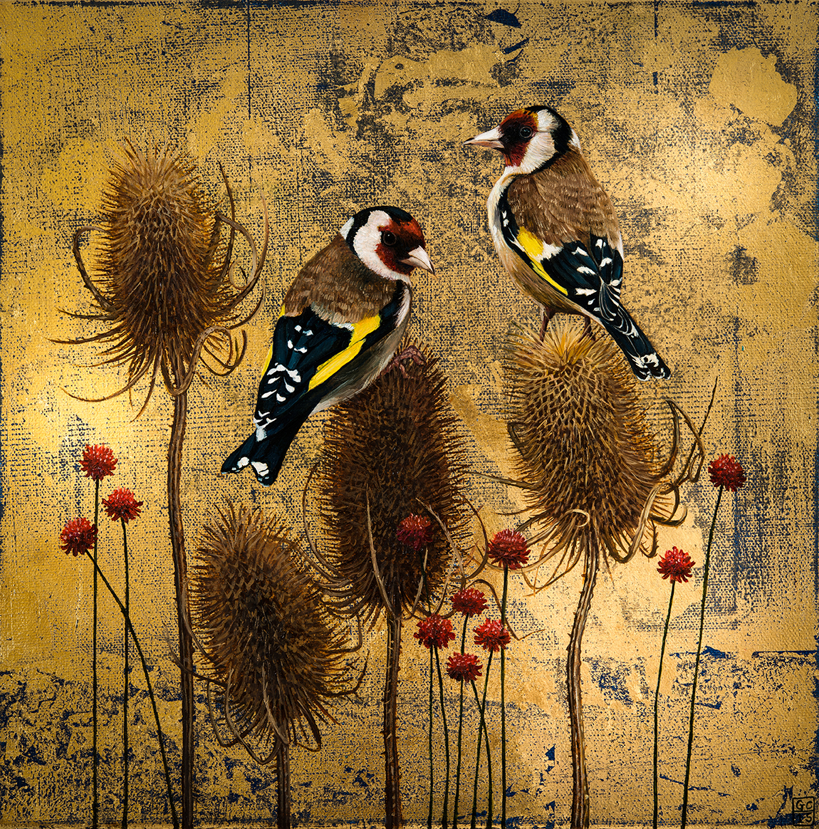 'Goldfinch and Teasels' 30cm x30cm, Oil and Metal Leaf on Canvas, 2015, SOLD
