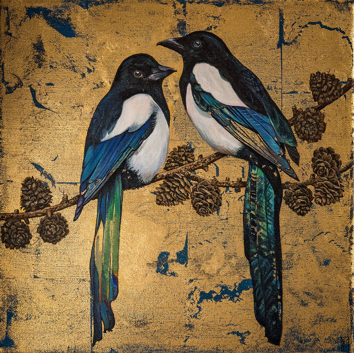 'Magpies', Oil and gold leaf on canvas, 30cm x30cm, 2015, SOLD