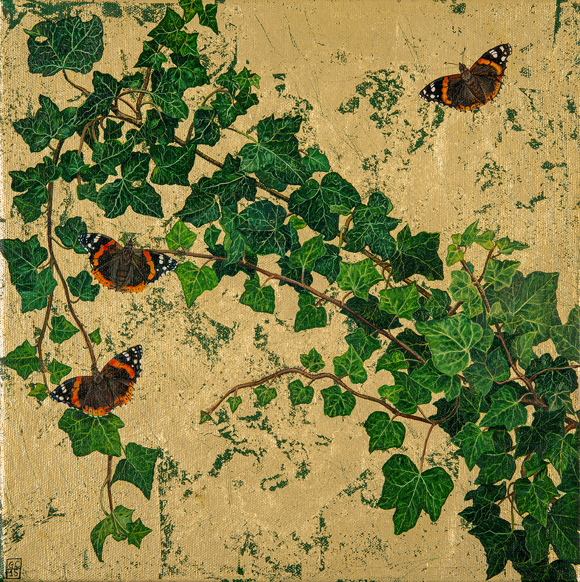 'Ivy and Red Admirals', 30cm x30cm, 18ct Gold Leaf on Canvas, 2015, SOLD