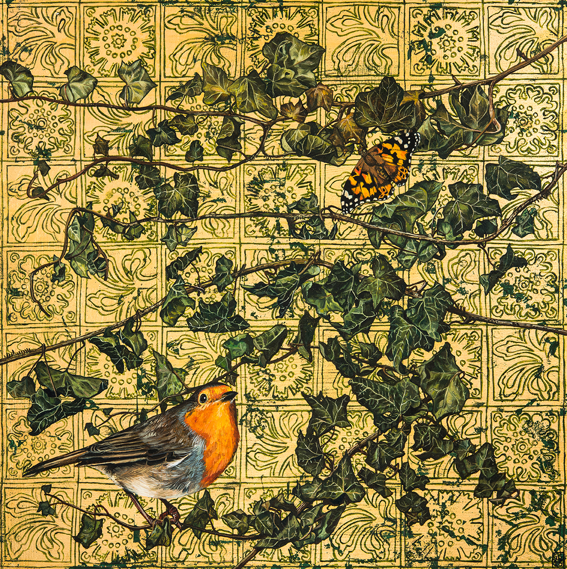 'Robin and Painted Lady', Oil and gold leaf on board, 30cm x30cm, 2015, SOLD