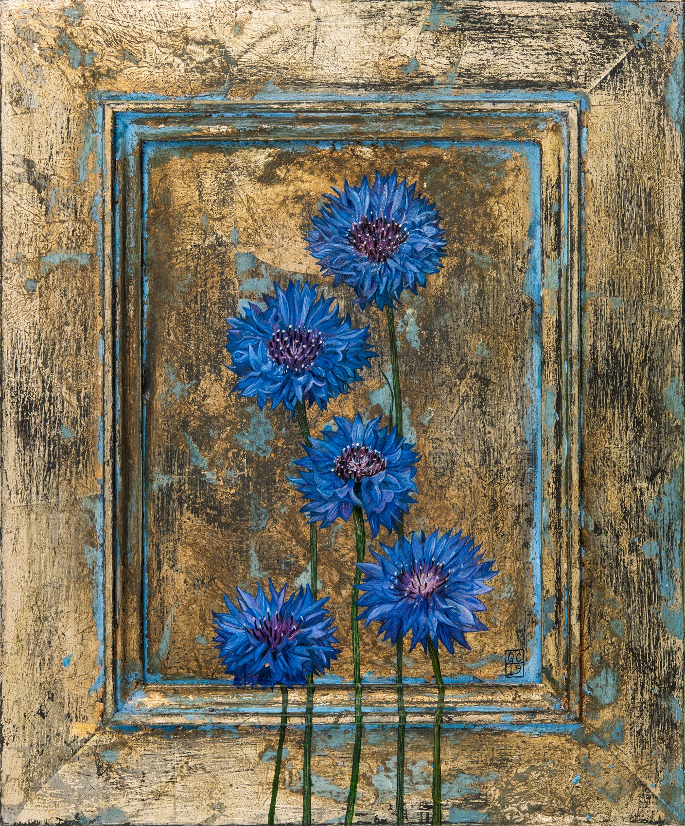 ‘Cornflowers’, Oil and Silver Leaf on Panel, 28 x23 cm