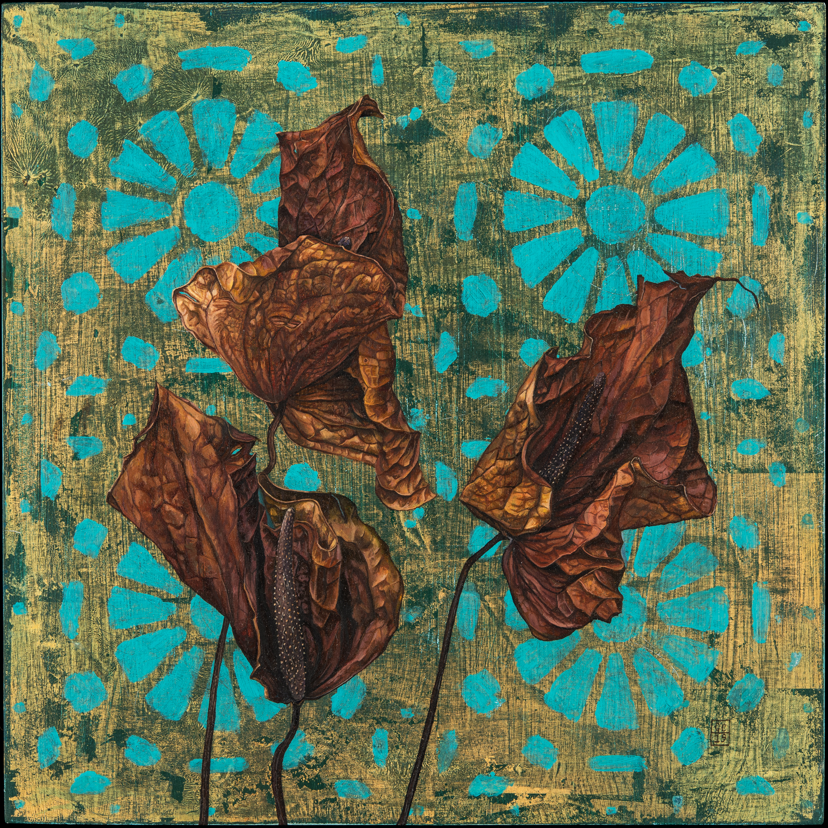 ‘Lilies’, Oil and Metal Leaf on Panel, 30x 30cm