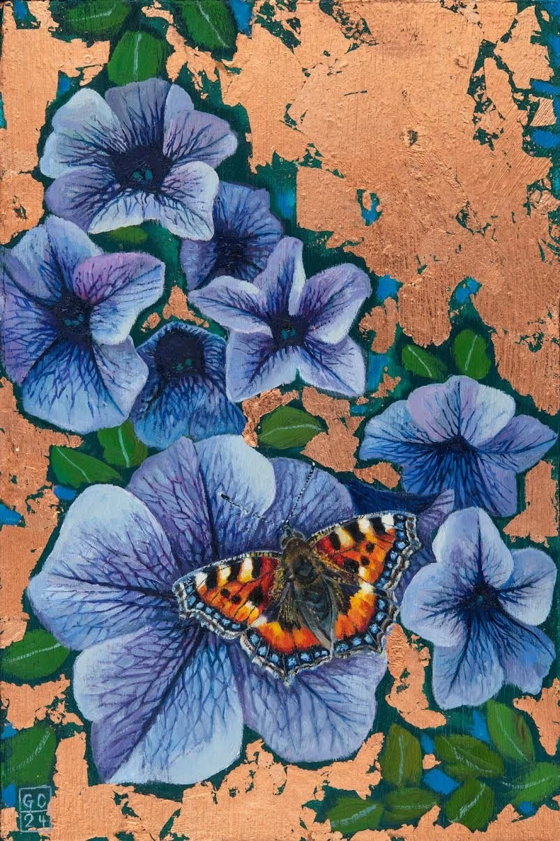 Small Tortoiseshell & Petunias,oil and copper leaf on panel..jpeg