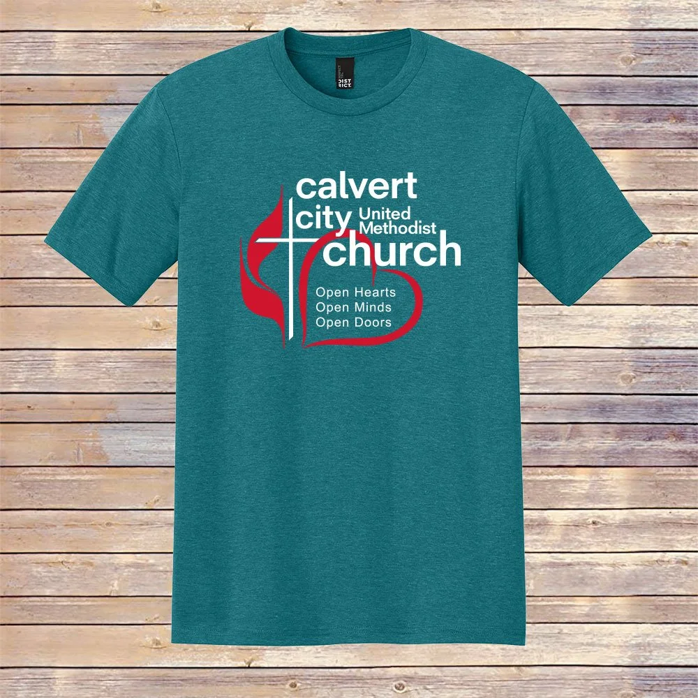 Heather Teal CCUMC Heart Tee - Front and Back Design