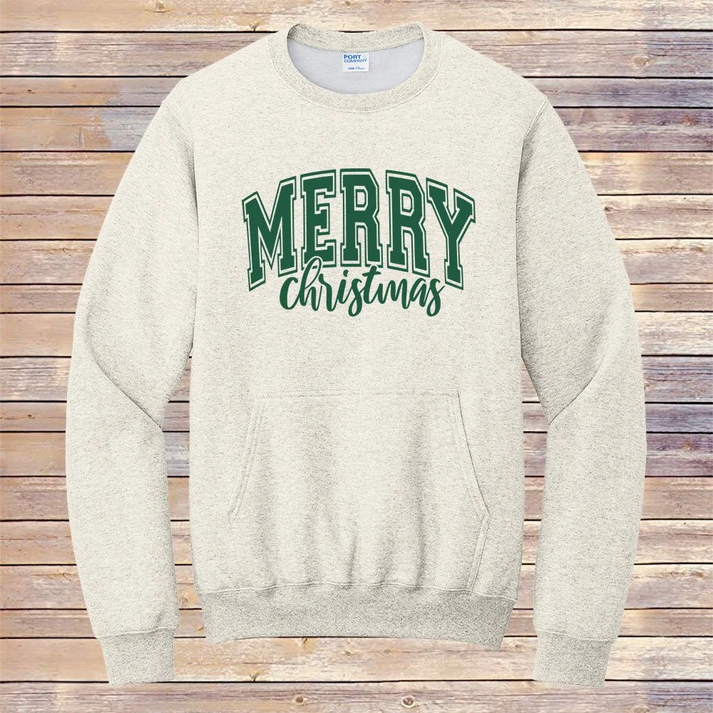 Heather Oatmeal Merry Christmas Pocket Crewneck Sweatshirt