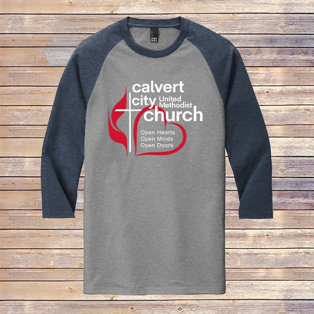 Heather Navy/Gray CCUMC Baseball Tee - Front and Back