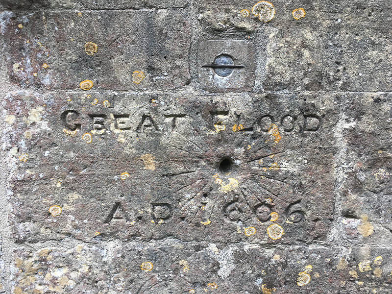  Engraved commemoration on church porch showing extent of flood, St Thomas', Redwick. 